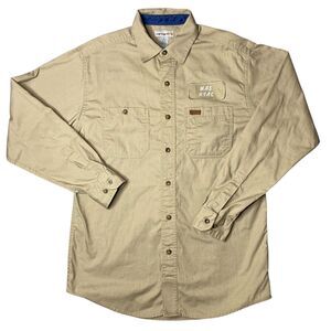 Carhartt Ripstop Logo Beige Tan Button Up Utility Pocket Work Shirt Size Med